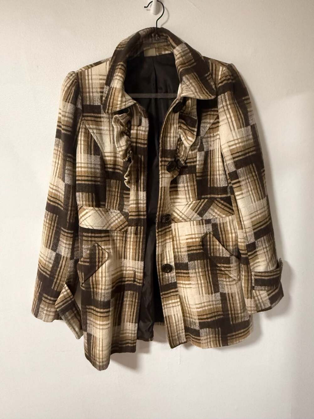 Ambition Brown and Tan Plaid Ruffle Front Pea Coat Jacket Size L